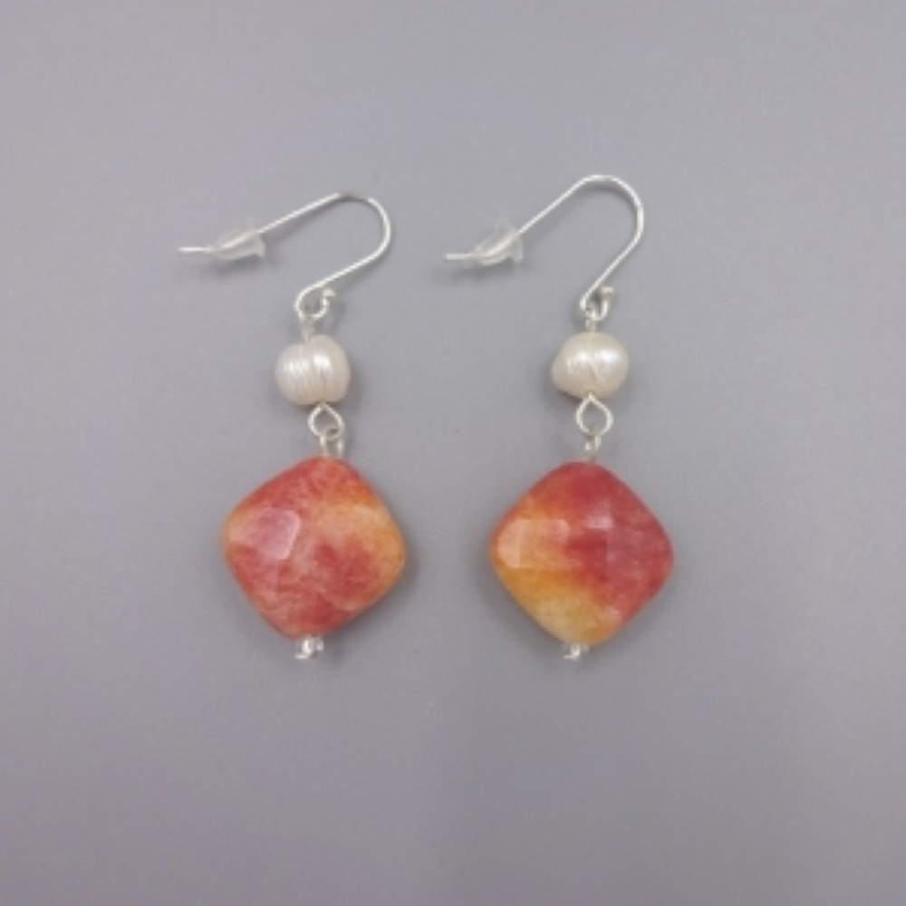 Sterling Pearl and Orange Stone Earrings